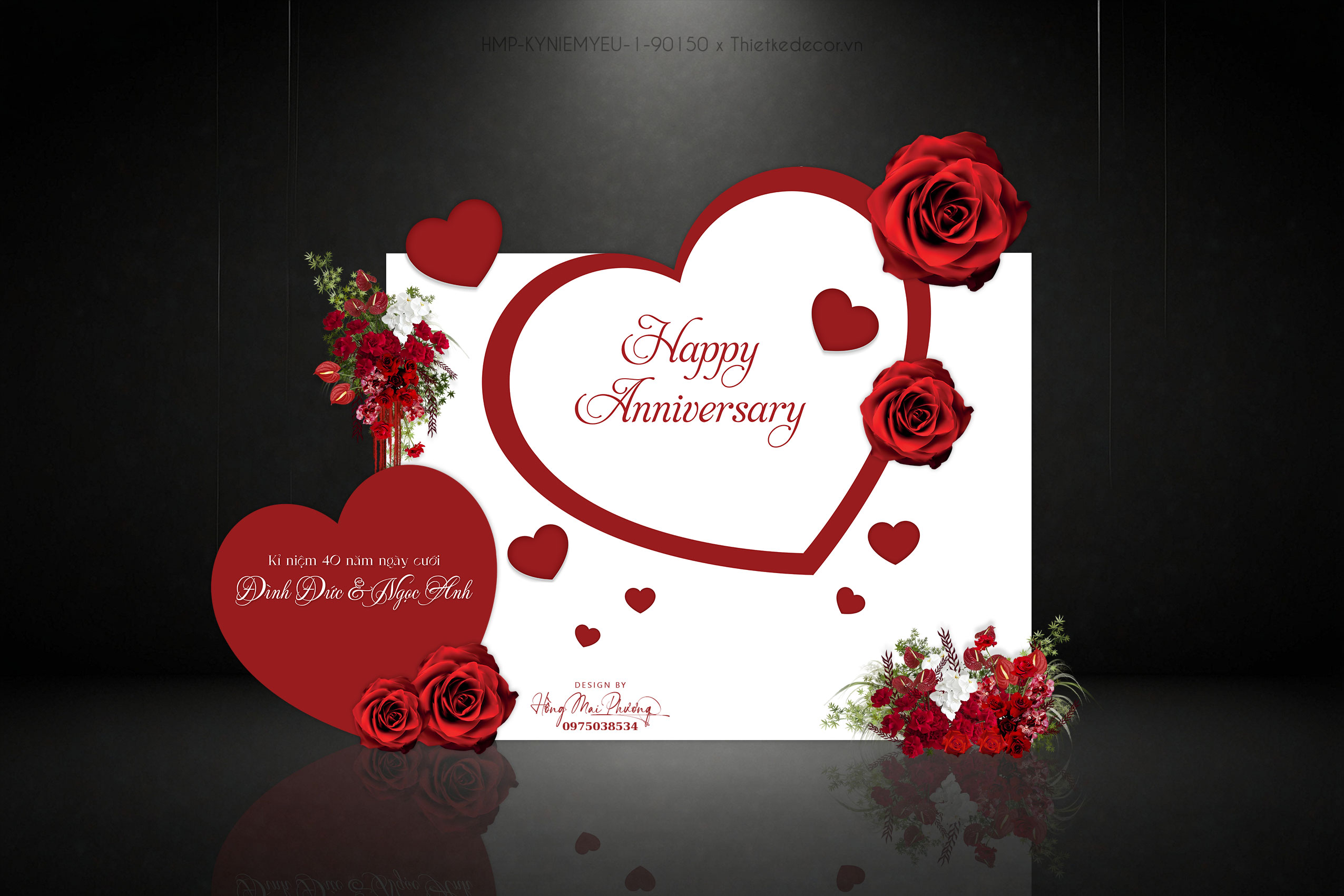 Backdrop kỷ niệm ngày cưới tone đỏ, ý tưởng từ trái tim và hoa hồng